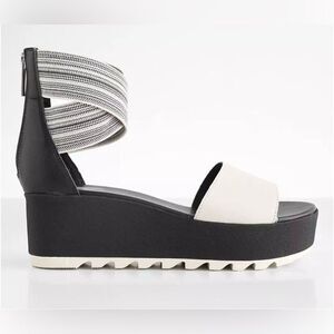 Sorel CAMERON Women's Black and Cream Textile Leather Platform Sandals Size 10.5
